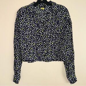 Tally Weijl x Smiley Originals Black Multi Cropped Button Down Top Size M